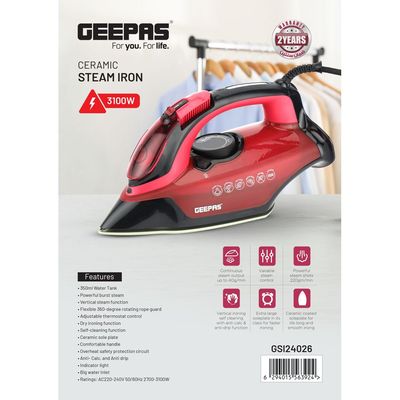 Geepas Ceramic Steam Iron/ Dry Ironing Box with Ceramic-Coated Soleplate and Anti-Calc, Anti-Drip Function/ Comfortable Handle and Handy Design with Multiple Functions/ 350 ml Water Tank 350 ml 3100 W GSI24026 Red & black