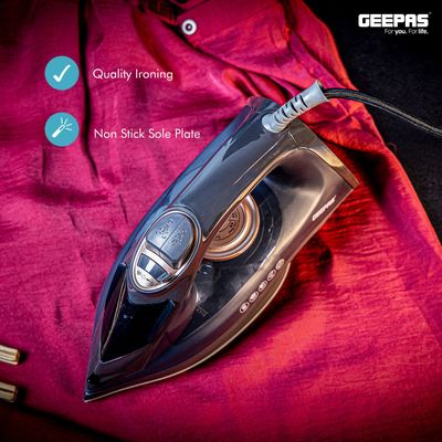 Geepas Dry and Wet Steam Iron with Self-clean function, Adjustable Temperature Control, Ceramic Soleplate, Dry/ Steam/ Burst of Steam/ Vertical Steam Function 220 ml 2400 W GSI7703N Black