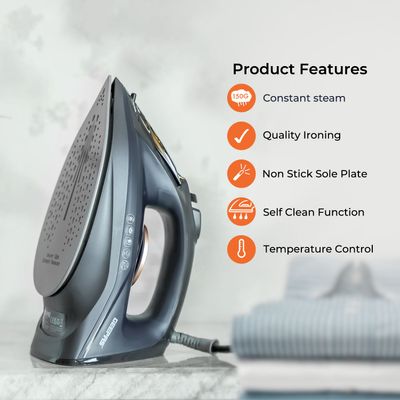 Geepas Dry and Wet Steam Iron with Self-clean function, Adjustable Temperature Control, Ceramic Soleplate, Dry/ Steam/ Burst of Steam/ Vertical Steam Function 220 ml 2400 W GSI7703N Black