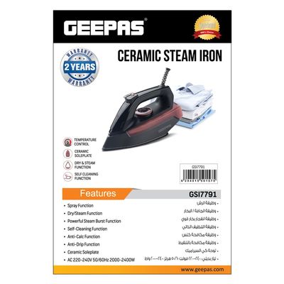 Geepas Ceramic Steam Iron With Temperature Control,Dry & Steam Function/Compact And Handy Design, Suitable For All Kinds Of Fabric 2400 W GSI7791 Black/Red