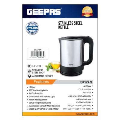 Geepas Stainless Steel Electric Kettle 1.7 L 2200 W GK174N Silver/Black