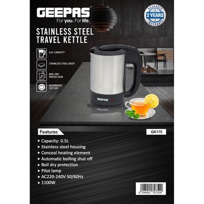 Geepas Stainless Steel Travel Electric Kettle with Boil Dry Protection and Automatic Cut-Off 0.5 L 1100 W GK175 Silver/Black