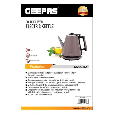 Geepas Portable Double Layer Electric Kettle with Inner Stainless Steel & Auto Shut-Off 1.2 L 1360 W GK38012 Grey