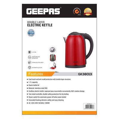 Geepas Double Layer Electric Kettle Cordless Water /Tea Kettle with  Stainless Steel Double Wall, Auto Shut-Off & Boil-Dry Protection | Ideal for Coffee, Tea, Water & More | 2 Years Warranty 1.7 L 1800 W GK38013 Red/Black