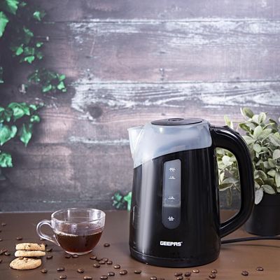 Geepas Electric Kettle, Plastic Water Kettle, Boil Dry Protection | Detachable Filter Spout | Automatic Lid Open Function 1.7 L 2200 W GK38027 Black/Clear