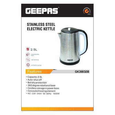 Geepas Stainless Steel Electric Kettle, Cordless Tea Kettle, Auto Shut-Off & Boil-Dry Protection, Ideal For Coffee/Tea/Milk/Water 2.5 L 1500 W GK38028 Silver