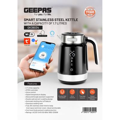 Geepas Smart Stainless Steel Kettle with Auto Boiling Shut-Off 1.7 L 2200 W GK38034 Black