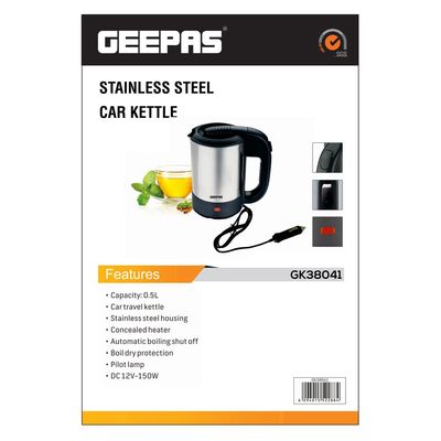 Geepas 12V Stainless steel Car Kettle- Water Heater for Caravans- 500ml-  Stainless-Steel Electric Car Kettle with Cigarette Lighter Charger | Quick Hot Water, Coffee, Tea 0.5 L 150 W GK38041 sliver