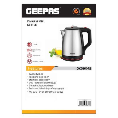 Geepas 1.8L Electric Kettle - Stainless Steel Body| Auto Shut-Off & Boil-Dry Protection | Heats up Quickly & Easily, Fashionable Design| Boil for Water, Tea & Coffee Maker 1.8 L 1500 W GK38042 Silver/Black