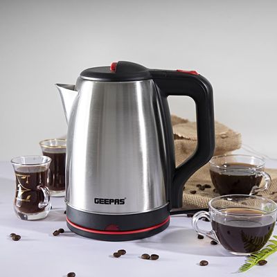Geepas 1.8L Electric Kettle - Stainless Steel Body| Auto Shut-Off & Boil-Dry Protection | Heats up Quickly & Easily, Fashionable Design| Boil for Water, Tea & Coffee Maker 1.8 L 1500 W GK38042 Silver/Black