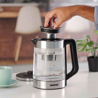 Geepas 1.8 liter Electric Glass Kettle| Stainless Steel Filter,Boil Dry Protection and Automatic Cut-Off| LED Lighting, Perfect for Boiling Water, Milk, Tea| 2200 W, Cool Touch Handle| 2 Years Warranty 1.8 L 2200 W GK38049 Black