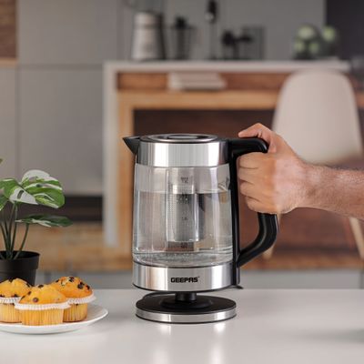 Geepas 1.8 liter Electric Glass Kettle| Stainless Steel Filter,Boil Dry Protection and Automatic Cut-Off| LED Lighting, Perfect for Boiling Water, Milk, Tea| 2200 W, Cool Touch Handle| 2 Years Warranty 1.8 L 2200 W GK38049 Black