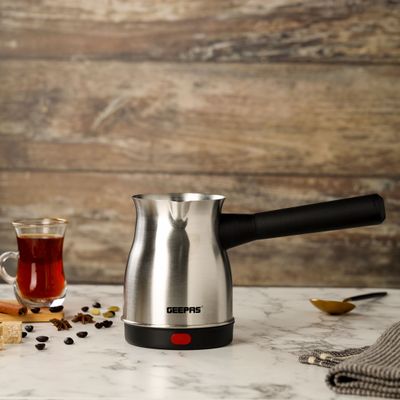 Geepas Electric Turkish Coffee Maker 0.8L Capacity, Stainless Steel | 360-Degree Rotation | Non-Automatic Cut Off | Coffee Kettle for Home Office 800 W GK38050 Silver/Black