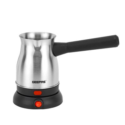 Geepas Electric Turkish Coffee Maker 0.8L Capacity, Stainless Steel | 360-Degree Rotation | Non-Automatic Cut Off | Coffee Kettle for Home Office 800 W GK38050 Silver/Black