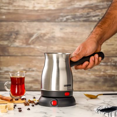 Geepas Electric Turkish Coffee Maker 0.8L Capacity, Stainless Steel | 360-Degree Rotation | Non-Automatic Cut Off | Coffee Kettle for Home Office 800 W GK38050 Silver/Black