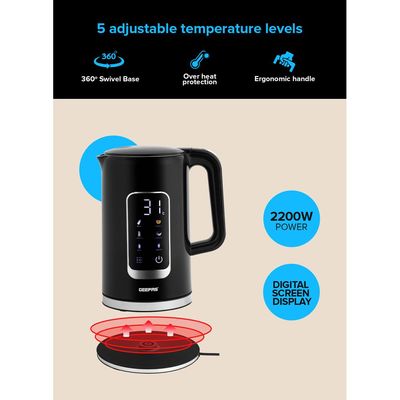 Geepas 1.7L Digital Display Kettle Dry Boiling Protecction /Quick Boil Water, Tea and Coffee Maker-2200 Watts/ 5 Temperature Settings, 360 Cordless Design, Dual Wall Construction with Digital Screen Display/ Keep Warm Feature, Large Easy Fill Flip Lid 2 Years Warranty 1.7 L 2200 W GK38052 Black