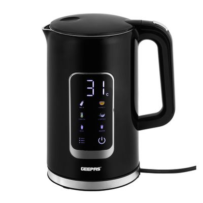 Geepas 1.7L Digital Display Kettle Dry Boiling Protecction /Quick Boil Water, Tea and Coffee Maker-2200 Watts/ 5 Temperature Settings, 360 Cordless Design, Dual Wall Construction with Digital Screen Display/ Keep Warm Feature, Large Easy Fill Flip Lid 2 Years Warranty 1.7 L 2200 W GK38052 Black