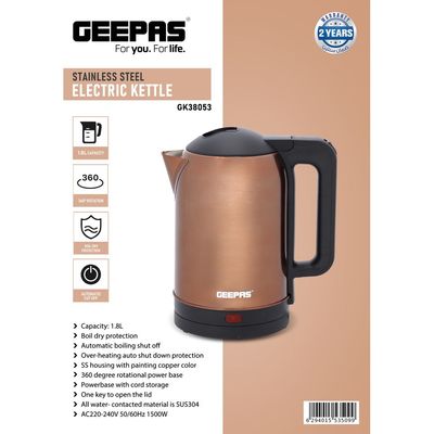 Geepas Quick Boil Stainless Steel Water Kettle | Auto Shut-Off | Boil-Dry Protection | Tea-Coffee Maker 1.8 L 1500.0 W GK38053 Brown