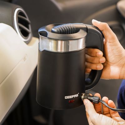Geepas 2-in-1 Double Layer Traveller's Kettle, | 12V Portable Electric Car Kettle | Stainless Steel Coffee Mug with Cigarette Lighter Charger 0.5 L 1100 W GK38055 Black & silver
