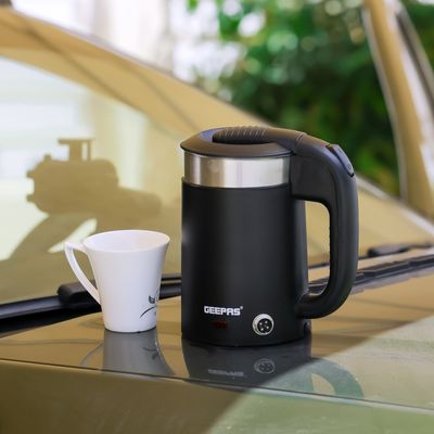 Geepas 2-in-1 Double Layer Traveller's Kettle, | 12V Portable Electric Car Kettle | Stainless Steel Coffee Mug with Cigarette Lighter Charger 0.5 L 1100 W GK38055 Black & silver