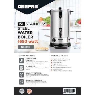 Geepas Stainless Steel Electric Kettle, 15L Tap Kettle | Hot Water Dispenser with Automatic Temperature Control | Indicator Lights | Perfect for Tea, Coffee, Soup 1.5 L 1650 W GK5219 Silver