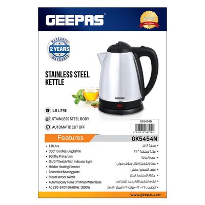 Geepas Electric Tea Kettle 1.8 L, Auto Shut Off And Boil Dry Protection, Safety Lock Lid, 360 Degree Rotational Base, Stainless Steel, Ergonomic Handle, Perfect Pour, Large Capacity 1.8 L 1500 W GK5454B Silver/Black