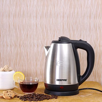 Geepas Electric Tea Kettle 1.8 L, Auto Shut Off And Boil Dry Protection, Safety Lock Lid, 360 Degree Rotational Base, Stainless Steel, Ergonomic Handle, Perfect Pour, Large Capacity 1.8 L 1500 W GK5454B Silver/Black