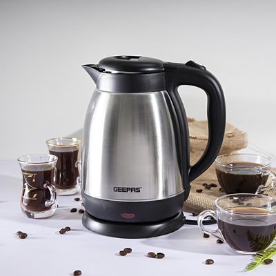 Geepas Stainless Steel Kettle, Double Shell Structure, GK5459 | 1.5L Boil Dry Protection Kettle | Automatic Cut Off | Hidden Heating Element | 360 Cordless Jug Kettle 1400 W GK5459 Silver/Black