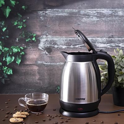 Geepas Stainless Steel Kettle, Double Shell Structure, GK5459 | 1.5L Boil Dry Protection Kettle | Automatic Cut Off | Hidden Heating Element | 360 Cordless Jug Kettle 1400 W GK5459 Silver/Black