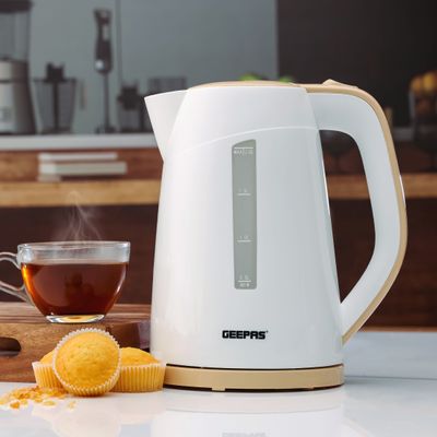 Geepas Electric Kettle, Plastic Kettle with Handle| Boil Dry Protection | 360 Degree Rotational Base | Double Sides Water Window | Automatic Boiling Shut Off | Indicator Light 2 L 2200 W GK6122N White & Rose Gold