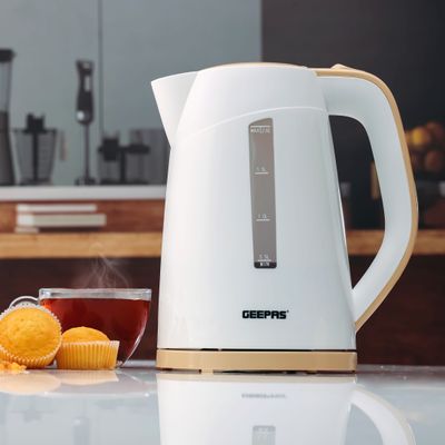 Geepas Electric Kettle, Plastic Kettle with Handle| Boil Dry Protection | 360 Degree Rotational Base | Double Sides Water Window | Automatic Boiling Shut Off | Indicator Light 2 L 2200 W GK6122N White & Rose Gold