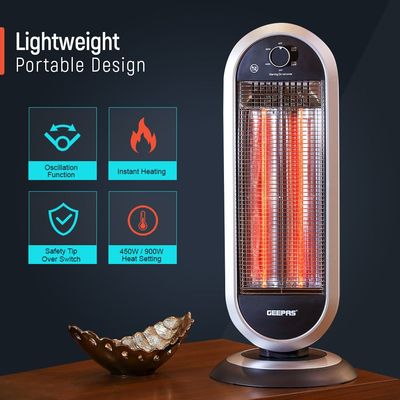 Geepas Carbon Heater, Wide Angle Oscillation Function| Safety Tip Over Switch | Instant Heating Heater with 2 Heat Setting | Cool Touch Housing | Carry Handle 900.0 W GCH28531 Black/silver