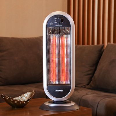 Geepas Carbon Heater, Wide Angle Oscillation Function| Safety Tip Over Switch | Instant Heating Heater with 2 Heat Setting | Cool Touch Housing | Carry Handle 900.0 W GCH28531 Black/silver