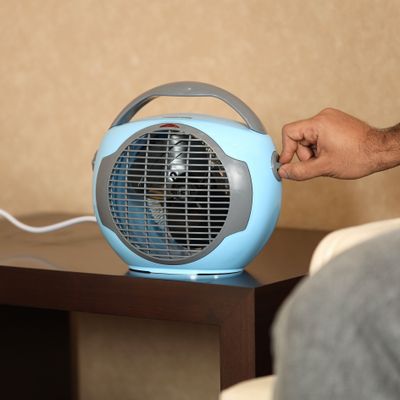 Geepas Fan Heater GFH28561, 2 Heating Powers 1000 & 2000W, Cool/Warm/Hot Wind Selection, Adjustable Thermostat, Over Heat Protection, Safety Tip Over Switch, With Indicator Light 2000 W GFH28561 Blue & Gray