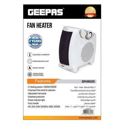 Geepas Fan Heater, 2 Heating Power, Adjustable Thermostat | Overheat Protection | Power Light Indicator | Carry Handle | Wind Selection GFH9520 Multicolour