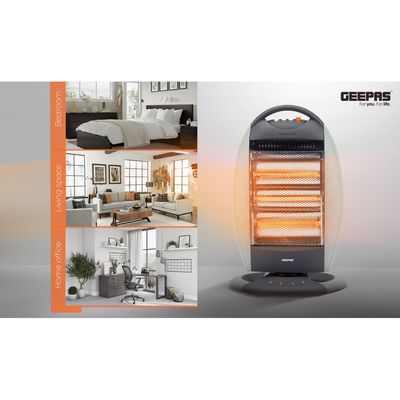 Geepas Halogen Heater, 3 Heating Power| Oscillation Function | Safety Tip-Over Switch | Carry Handle | Wide Angle Heat Reflector l Portable Heater for Home, Office, Etc GHH9107 Grey