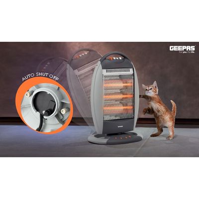 Geepas Halogen Heater, 3 Heating Power| Oscillation Function | Safety Tip-Over Switch | Carry Handle | Wide Angle Heat Reflector l Portable Heater for Home, Office, Etc GHH9107 Grey