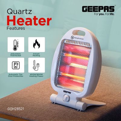 Geepas Quartz Heater Adjustable Thermostat Instant Heating Automatic Tip Over Protection Light Weight With Fold Away Stand 800 W GQH28521 White