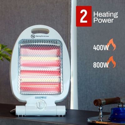 Geepas Quartz Heater Adjustable Thermostat Instant Heating Automatic Tip Over Protection Light Weight With Fold Away Stand 800 W GQH28521 White