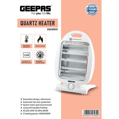 Quartz Heater Adjustable Thermostat Instant Heating Automatic Tip Over Protection Light Weight With Fold Away Stand 800 W GQH28521 White