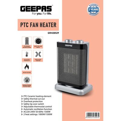 PTC Fan Heater, Ceramic Heating Element, Overheat Protection | Safety Tip-Over Switch | Adjustable Thermostat 1500.0 W GRH28529 Black & Silver