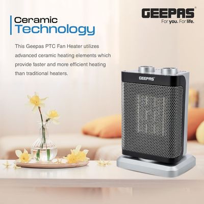 Geepas PTC Fan Heater, Ceramic Heating Element, Overheat Protection | Safety Tip-Over Switch | Adjustable Thermostat 1500.0 W GRH28529 Black & Silver