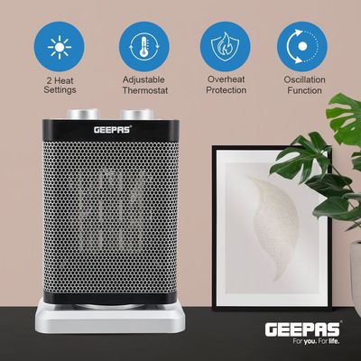 Geepas PTC Fan Heater, Ceramic Heating Element, Overheat Protection | Safety Tip-Over Switch | Adjustable Thermostat 1500.0 W GRH28529 Black & Silver