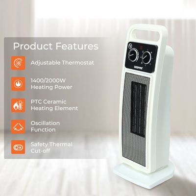 Fan Heater Ceramic Heating Element overheat Protection safety tip over Switch  adjustable Thermostat Indicator Light 1500.0 W GRH28530 white