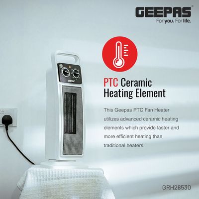 Fan Heater Ceramic Heating Element overheat Protection safety tip over Switch  adjustable Thermostat Indicator Light 1500.0 W GRH28530 white