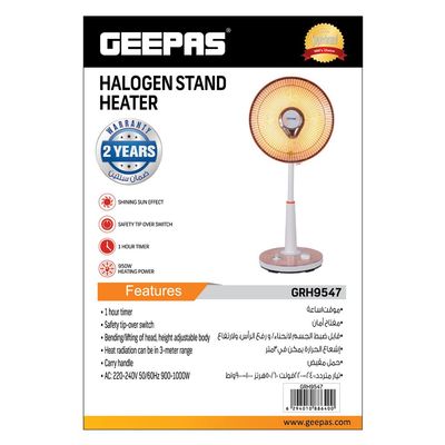 Halogen Stand Heater| High Performance Heater, 1 Hour Timer| Bending/Lifting Of Head Function, Height Adjustable Body And Safety Tip-Over Switch| Perfect For Home And Office Use, Portable With A Carry Handle 1000 W GRH9547 White/Orange