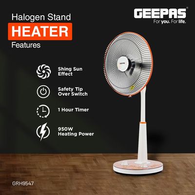 Halogen Stand Heater| High Performance Heater, 1 Hour Timer| Bending/Lifting Of Head Function, Height Adjustable Body And Safety Tip-Over Switch| Perfect For Home And Office Use, Portable With A Carry Handle 1000 W GRH9547 White/Orange