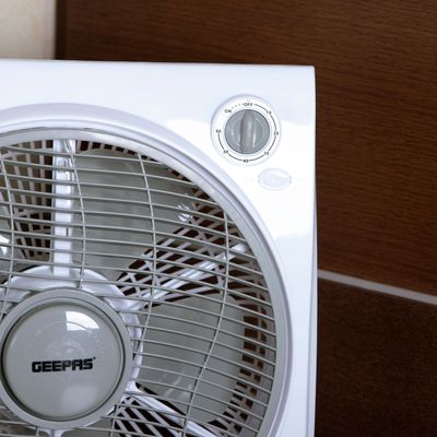 Geepas 12 Inch Powerful Personal 3 Speed Box Fan with Copper Motor, Portable Desk Fan With  Fan Guard, Table Fan for Office and Home, 60 Minutes Timer GF21113N Blue, White