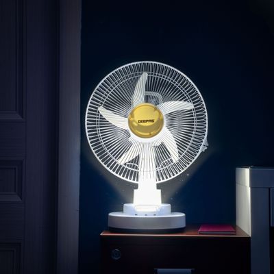 Geepas Rechargeable Fan - 2 Speed Settings with 6 Hours Continuous Working & 24 Hours LED Light | 5000 Mah Battery | Ideal for Office, Home & Outdoor Use GF21118 White