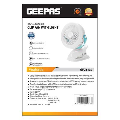 Rechargeable Clip Fan with LED Light Two Quiet Speeds with 7 Hours Continuous Working GF21137 white